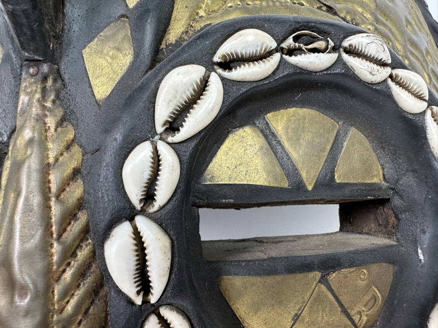 Vintage Handmade Wooden African Cowrie Mask With Beaded Birds And Brass Ornamentation From Ghana 15W X 6D X 17H [Photo 8]