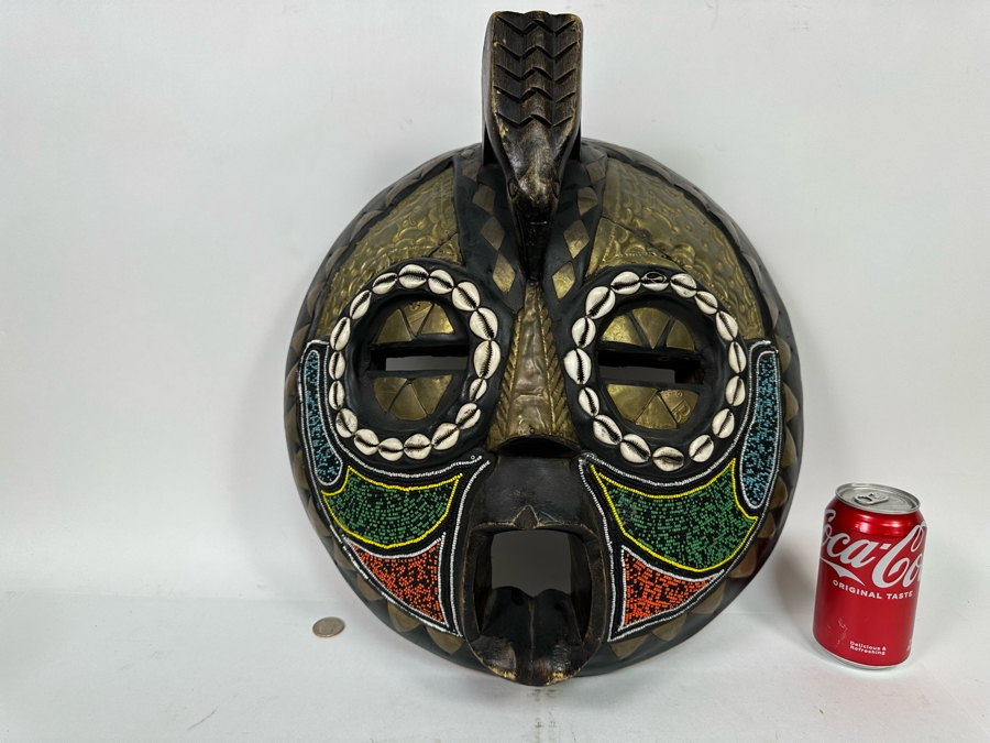 Vintage Handmade Wooden African Cowrie Mask With Beaded Birds And Brass Ornamentation From Ghana 15W X 6D X 17H [Photo 4]
