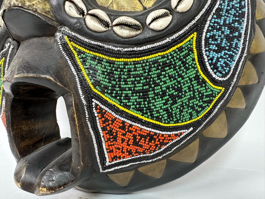 Vintage Handmade Wooden African Cowrie Mask With Beaded Birds And Brass Ornamentation From Ghana 15W X 6D X 17H [Photo 6]