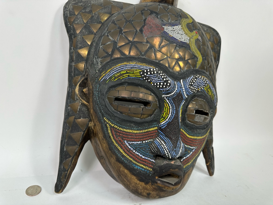 Vintage Handmade Wooden African Mask With Beaded Birds And Brass Ornamentation From Ghana 13W X 5D X 17H [Photo 10]