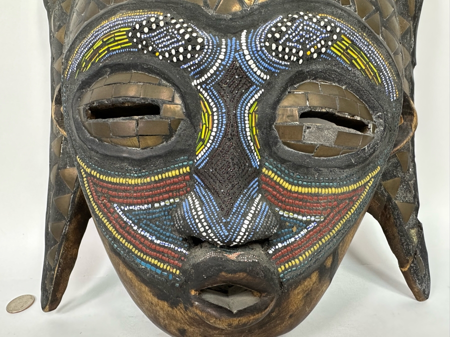 Vintage Handmade Wooden African Mask With Beaded Birds And Brass Ornamentation From Ghana 13W X 5D X 17H [Photo 5]