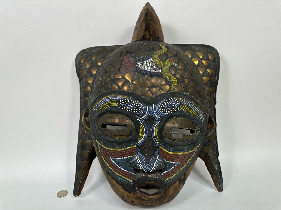 Vintage Handmade Wooden African Mask With Beaded Birds And Brass Ornamentation From Ghana 13W X 5D X 17H [Photo 3]