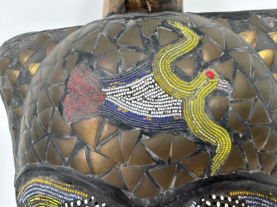 Vintage Handmade Wooden African Mask With Beaded Birds And Brass Ornamentation From Ghana 13W X 5D X 17H [Photo 9]