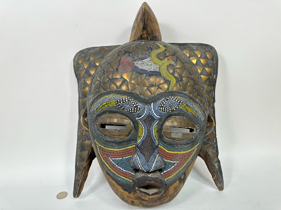 Vintage Handmade Wooden African Mask With Beaded Birds And Brass Ornamentation From Ghana 13W X 5D X 17H [Photo 2]