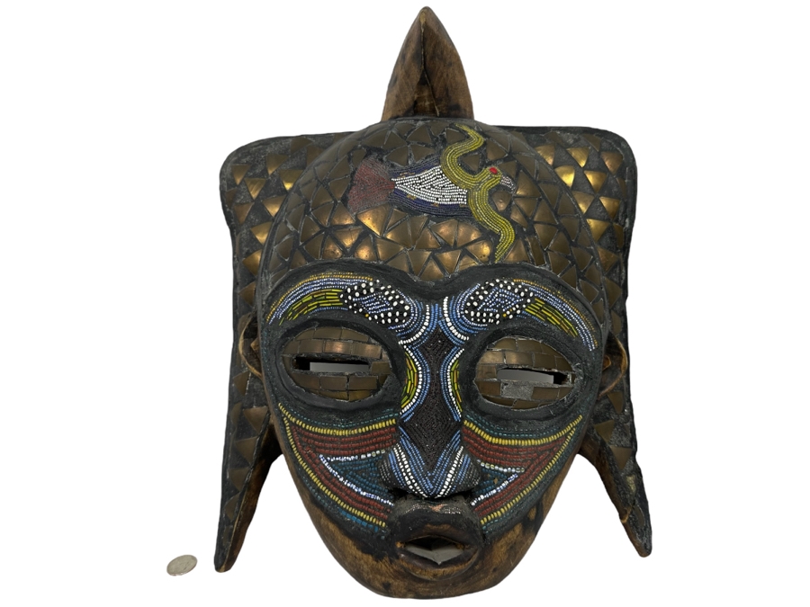Vintage Handmade Wooden African Mask With Beaded Birds And Brass Ornamentation From Ghana 13W X 5D X 17H [Photo 1]