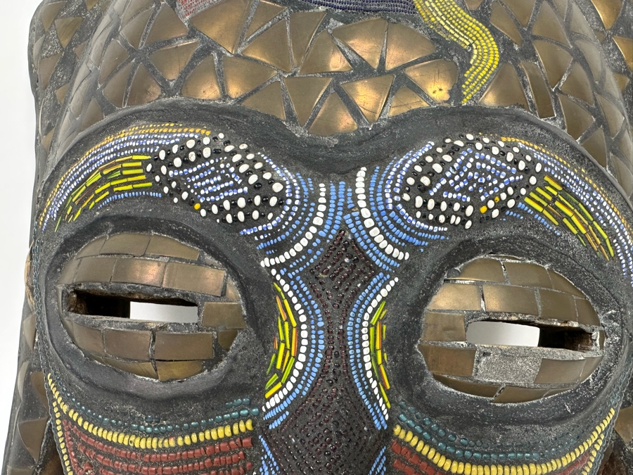 Vintage Handmade Wooden African Mask With Beaded Birds And Brass Ornamentation From Ghana 13W X 5D X 17H [Photo 8]