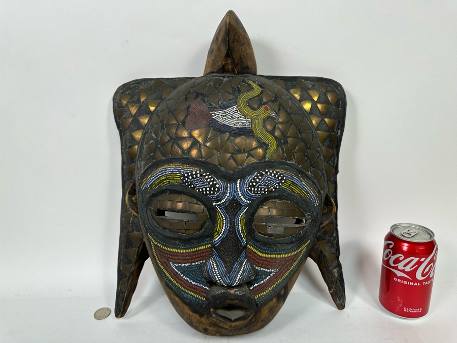 Vintage Handmade Wooden African Mask With Beaded Birds And Brass Ornamentation From Ghana 13W X 5D X 17H [Photo 12]