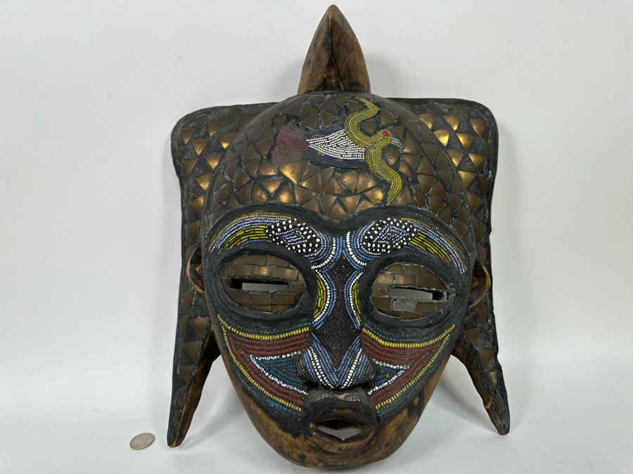 Vintage Handmade Wooden African Mask With Beaded Birds And Brass Ornamentation From Ghana 13W X 5D X 17H [Photo 4]
