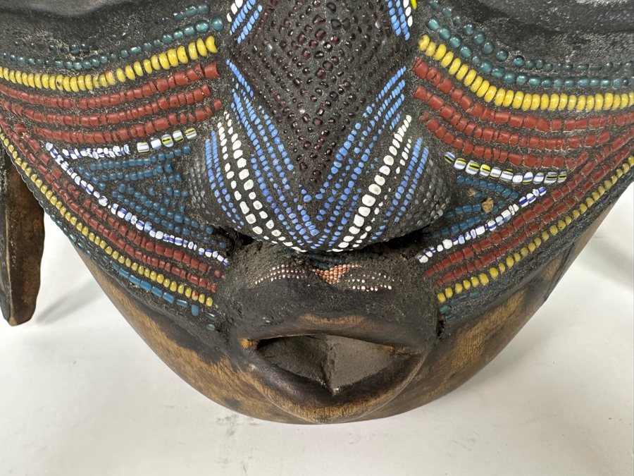 Vintage Handmade Wooden African Mask With Beaded Birds And Brass Ornamentation From Ghana 13W X 5D X 17H [Photo 6]