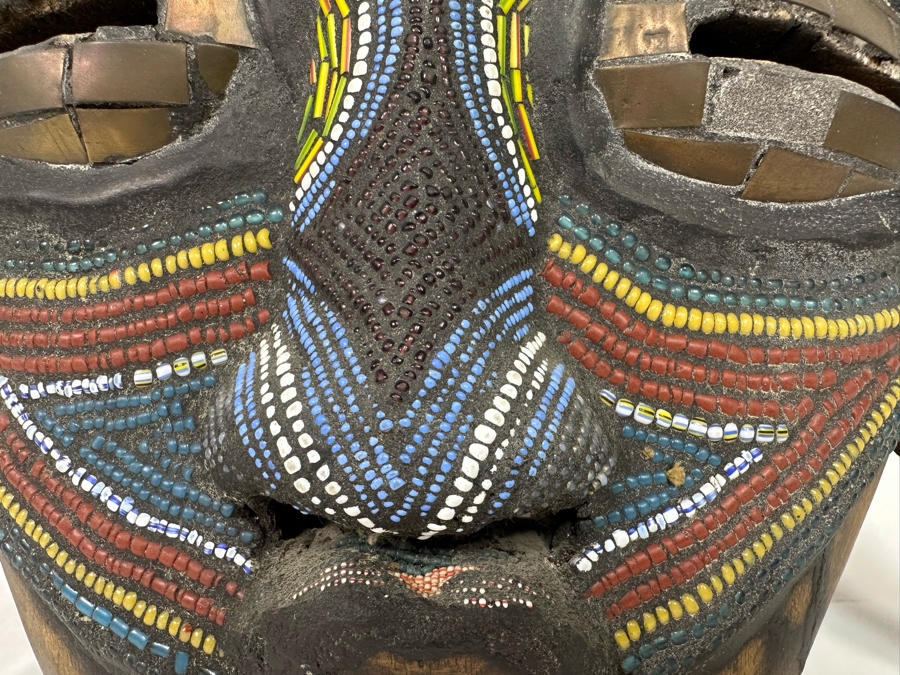 Vintage Handmade Wooden African Mask With Beaded Birds And Brass Ornamentation From Ghana 13W X 5D X 17H [Photo 7]