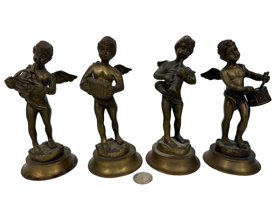 Set Of Four Vintage Brass Musical Cherub Figurines 7H [Photo 1]