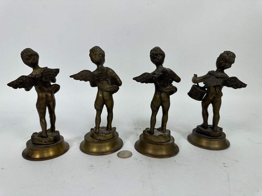 Set Of Four Vintage Brass Musical Cherub Figurines 7H [Photo 6]