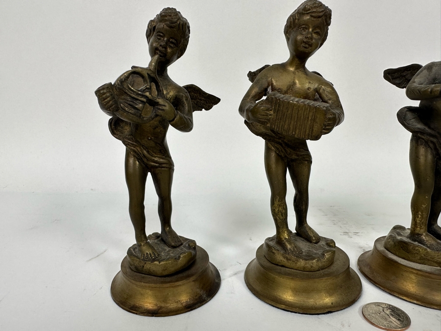 Set Of Four Vintage Brass Musical Cherub Figurines 7H [Photo 4]
