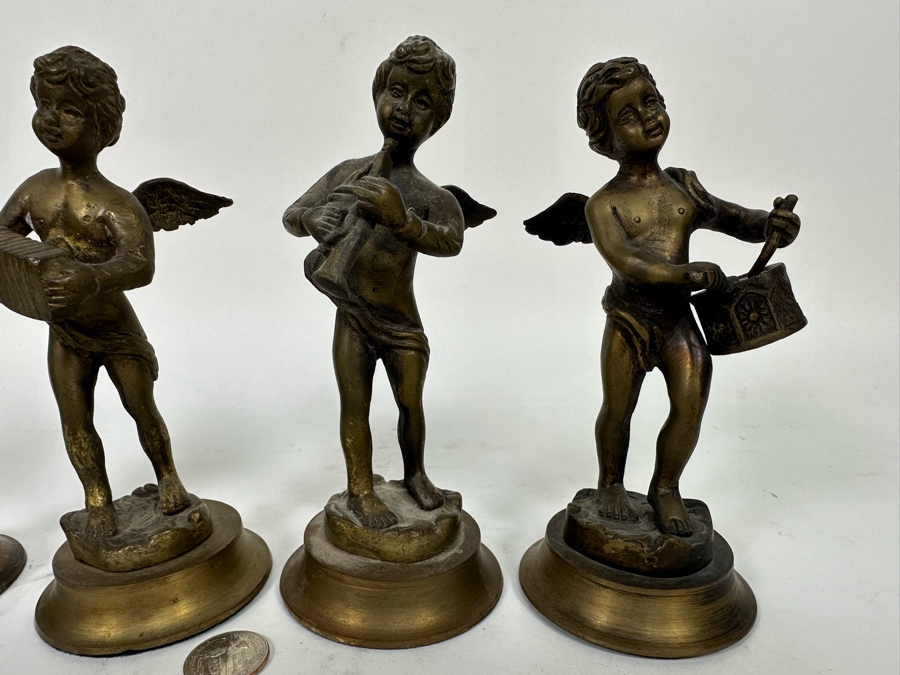 Set Of Four Vintage Brass Musical Cherub Figurines 7H [Photo 5]