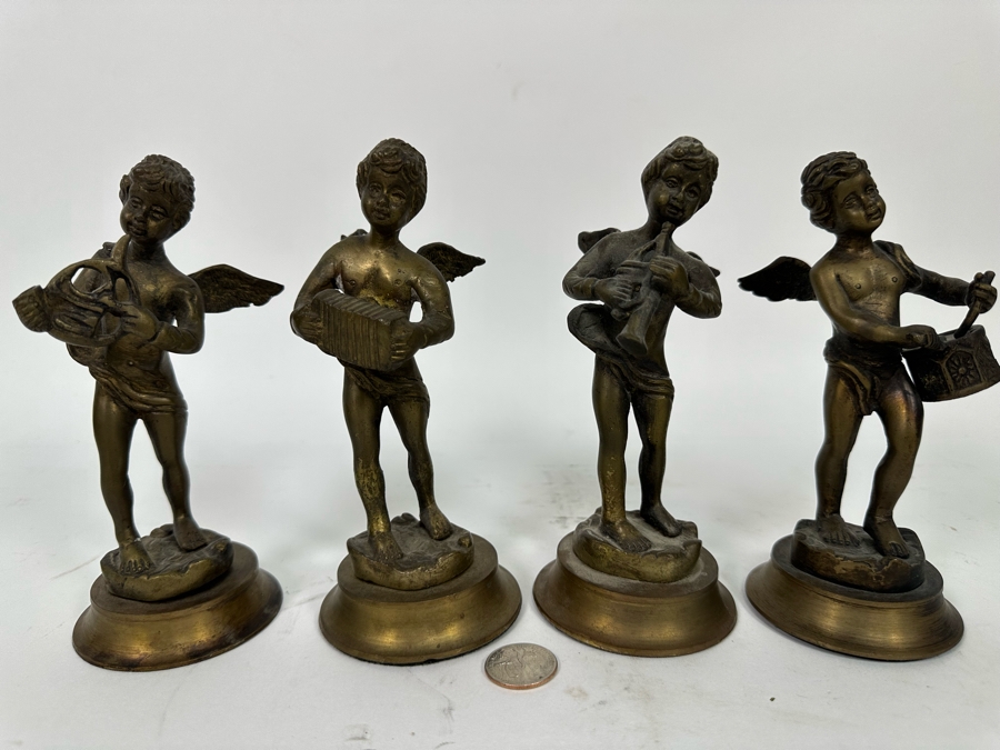 Set Of Four Vintage Brass Musical Cherub Figurines 7H [Photo 3]