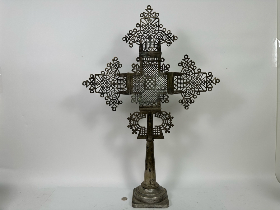 Vintage Large Ethiopian Coptic Oriental Orthodox Christian Handmade Metal Freestanding Cross 21.5W X 31H [Photo 7]