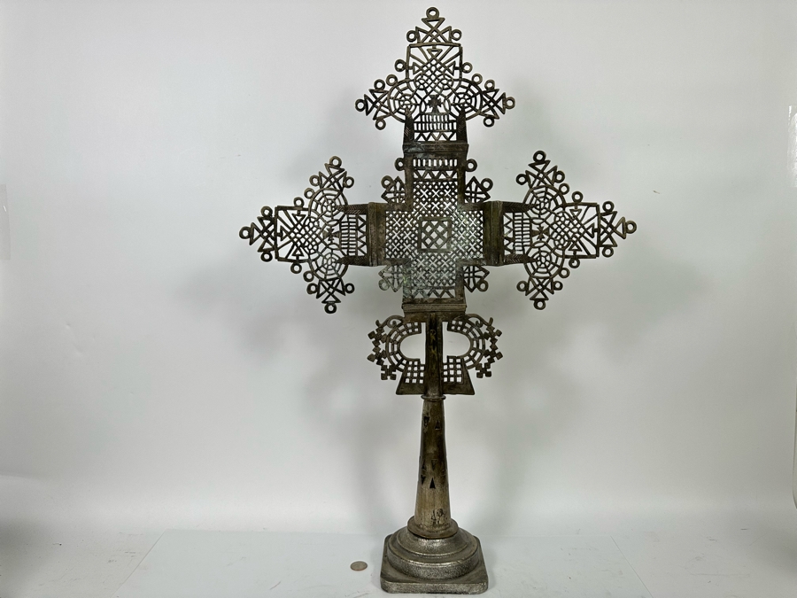 Vintage Large Ethiopian Coptic Oriental Orthodox Christian Handmade Metal Freestanding Cross 21.5W X 31H [Photo 8]