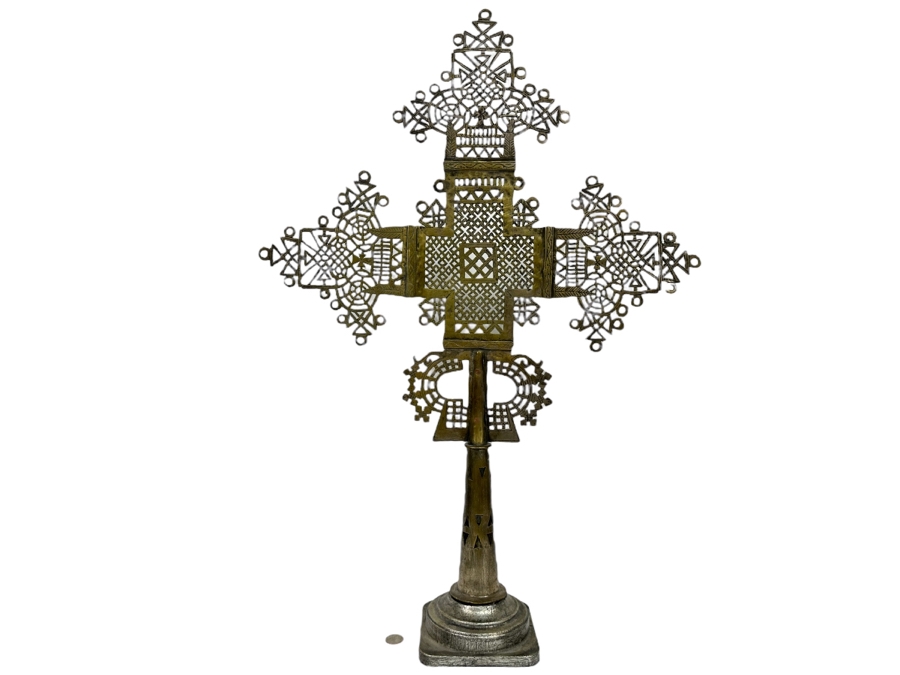 Vintage Large Ethiopian Coptic Oriental Orthodox Christian Handmade Metal Freestanding Cross 21.5W X 31H [Photo 1]