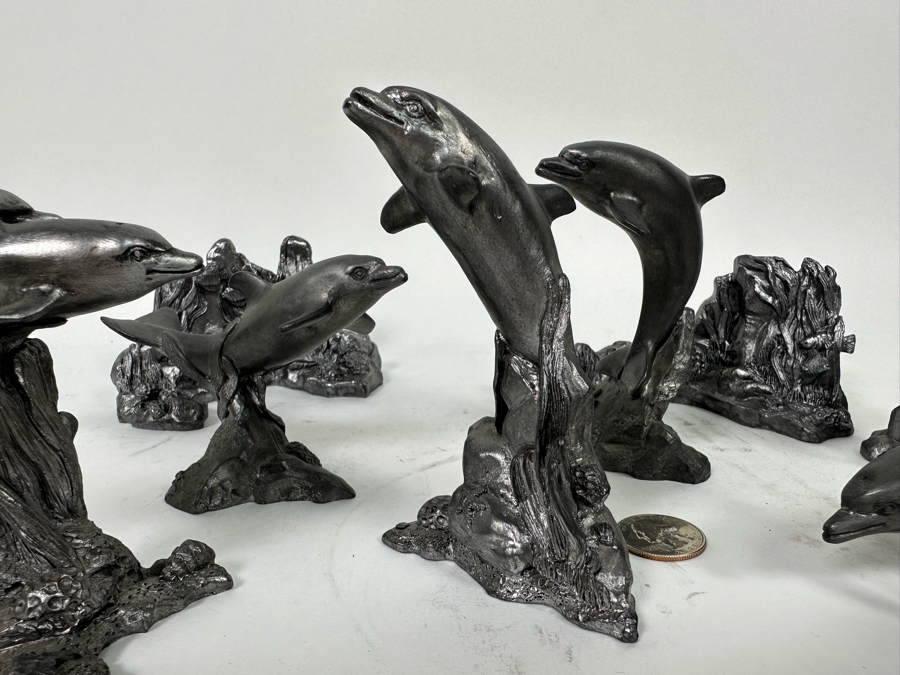 Michael Ricker Collection Of Six Pewter Dolphin Figurines Signed Ricker