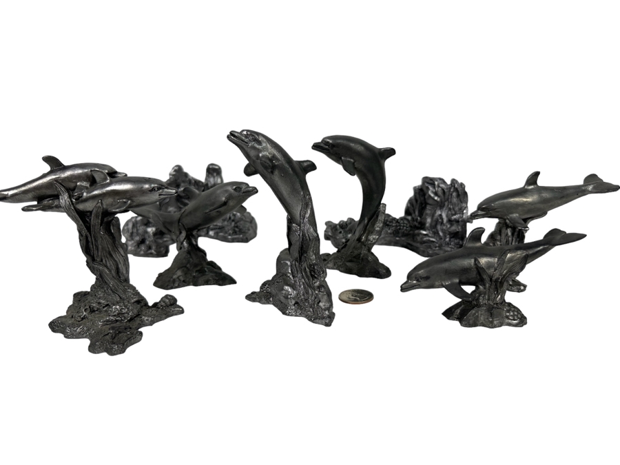 Michael Ricker Collection Of Six Pewter Dolphin Figurines Signed Ricker And Pair Of Michael Ricker Pewter Coral Reef Figurines