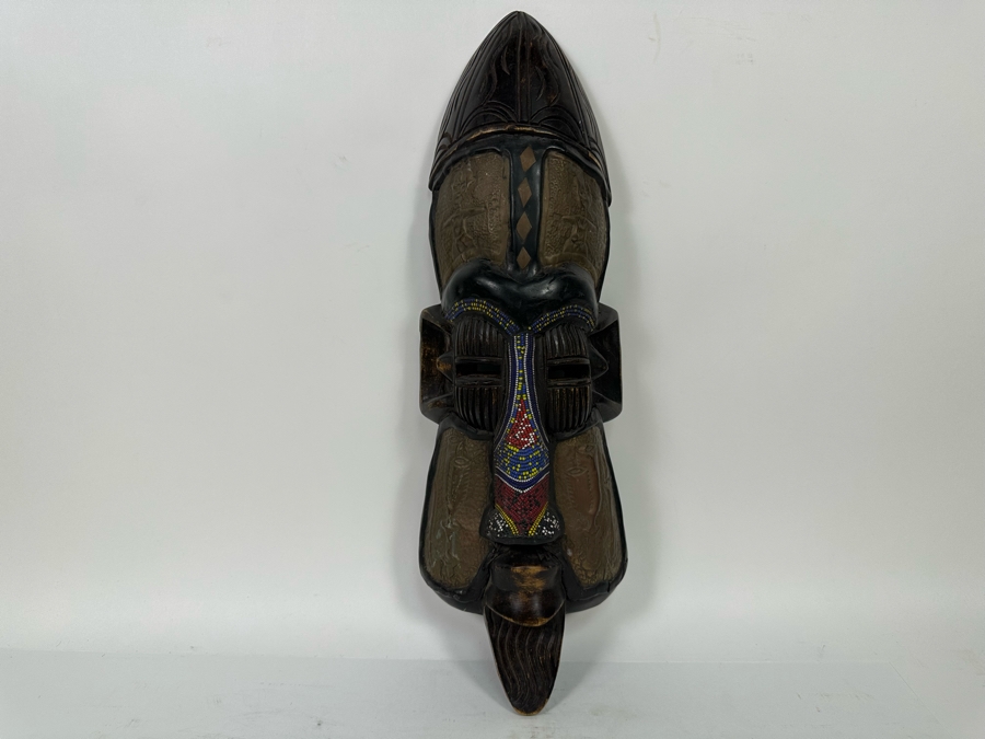 Vintage Handmade Wooden African Beaded Mask With Bas-Relief Brass Artwork Panels From Ghana 6.5W X 3D X 20H [Photo 3]