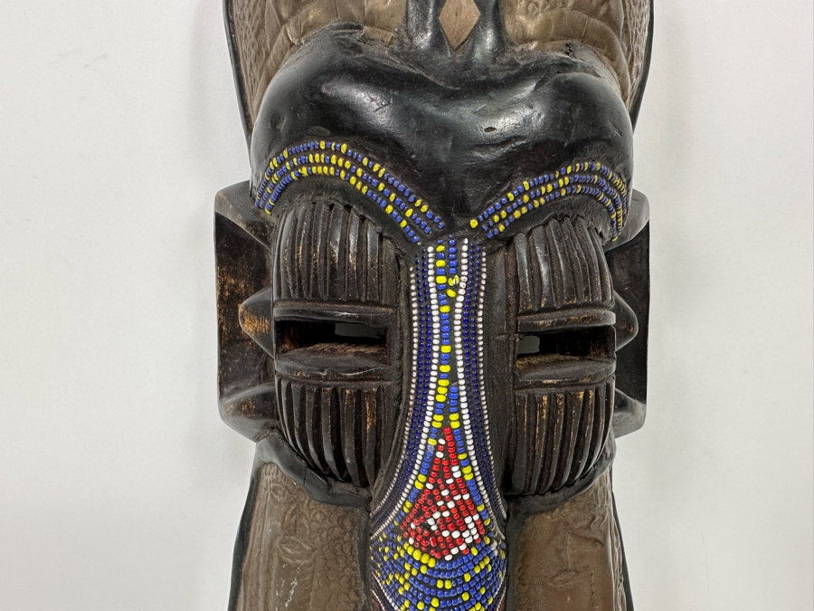 Vintage Handmade Wooden African Beaded Mask With Bas-Relief Brass Artwork Panels From Ghana 6.5W X 3D X 20H [Photo 5]