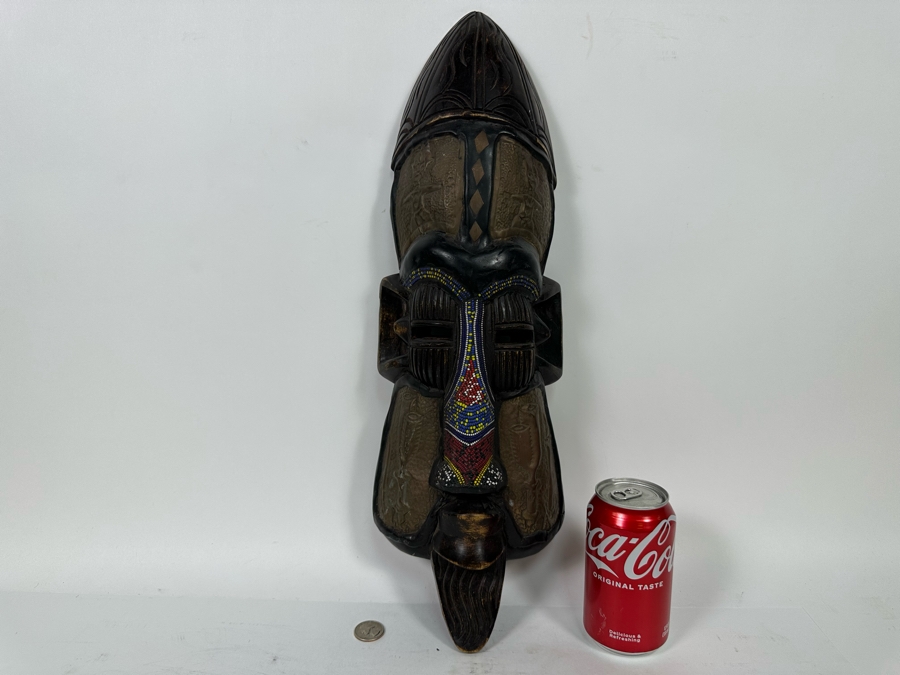 Vintage Handmade Wooden African Beaded Mask With Bas-Relief Brass Artwork Panels From Ghana 6.5W X 3D X 20H [Photo 14]