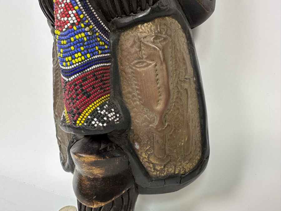 Vintage Handmade Wooden African Beaded Mask With Bas-Relief Brass Artwork Panels From Ghana 6.5W X 3D X 20H [Photo 10]