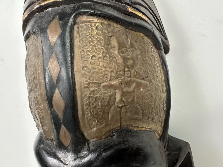 Vintage Handmade Wooden African Beaded Mask With Bas-Relief Brass Artwork Panels From Ghana 6.5W X 3D X 20H [Photo 7]