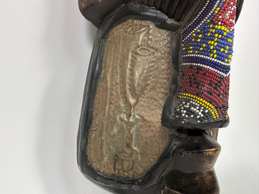 Vintage Handmade Wooden African Beaded Mask With Bas-Relief Brass Artwork Panels From Ghana 6.5W X 3D X 20H [Photo 9]