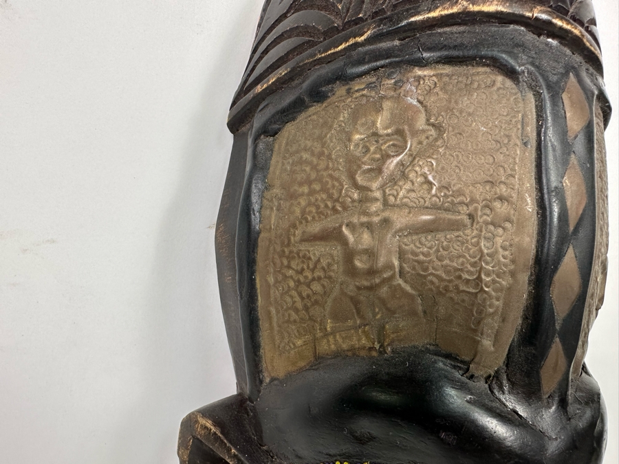 Vintage Handmade Wooden African Beaded Mask With Bas-Relief Brass Artwork Panels From Ghana 6.5W X 3D X 20H [Photo 6]