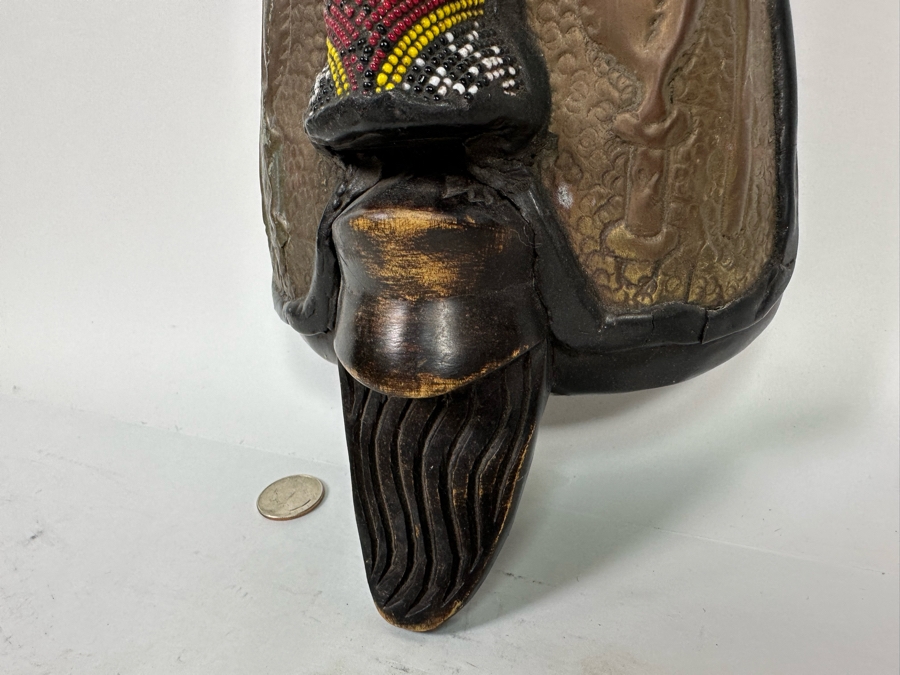 Vintage Handmade Wooden African Beaded Mask With Bas-Relief Brass Artwork Panels From Ghana 6.5W X 3D X 20H [Photo 11]