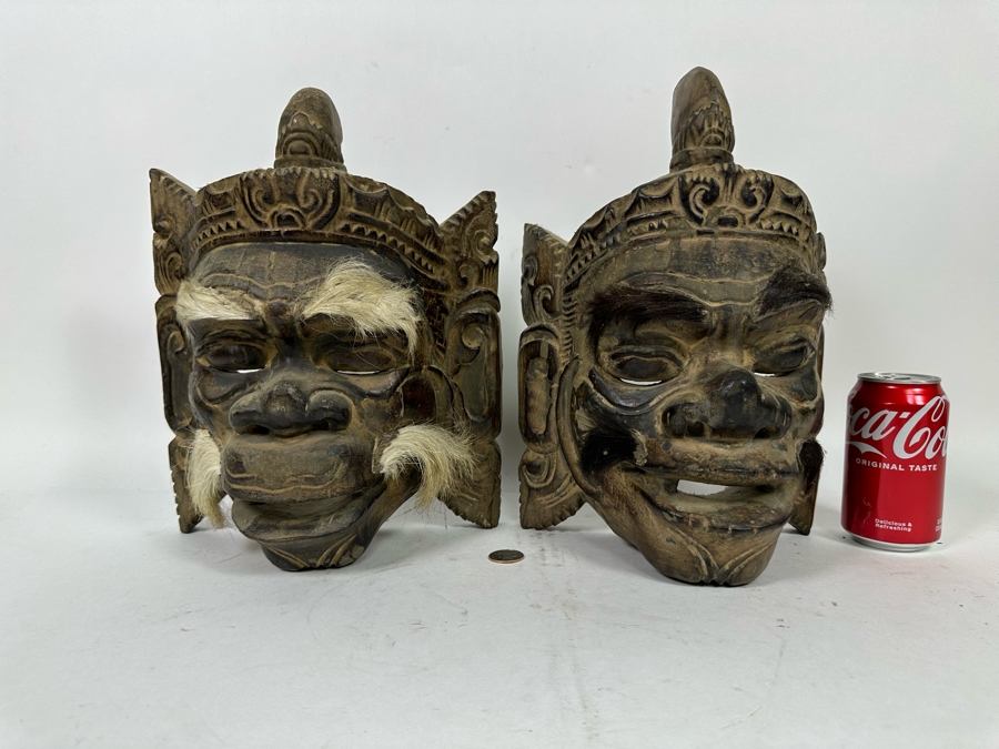 Pair Of Old Carved Wooden Balinese Masks From Indonesia 9W X 6H X 13H [Photo 15]