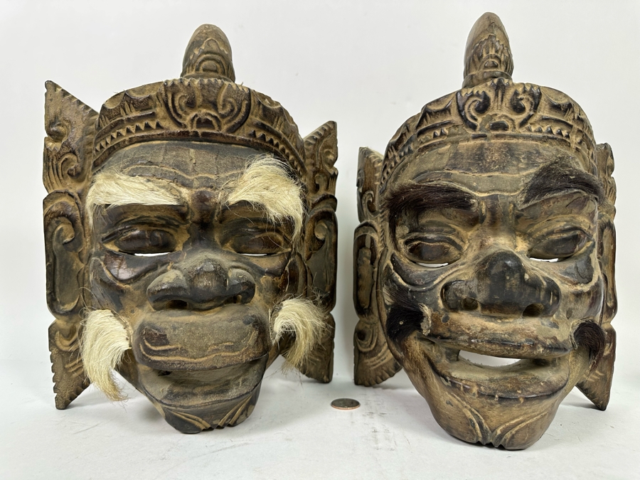 Pair Of Old Carved Wooden Balinese Masks From Indonesia 9W X 6H X 13H [Photo 3]