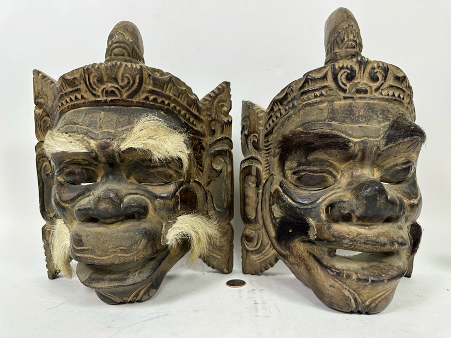 Pair Of Old Carved Wooden Balinese Masks From Indonesia 9W X 6H X 13H [Photo 4]