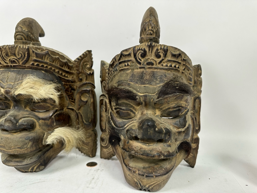 Pair Of Old Carved Wooden Balinese Masks From Indonesia 9W X 6H X 13H [Photo 9]