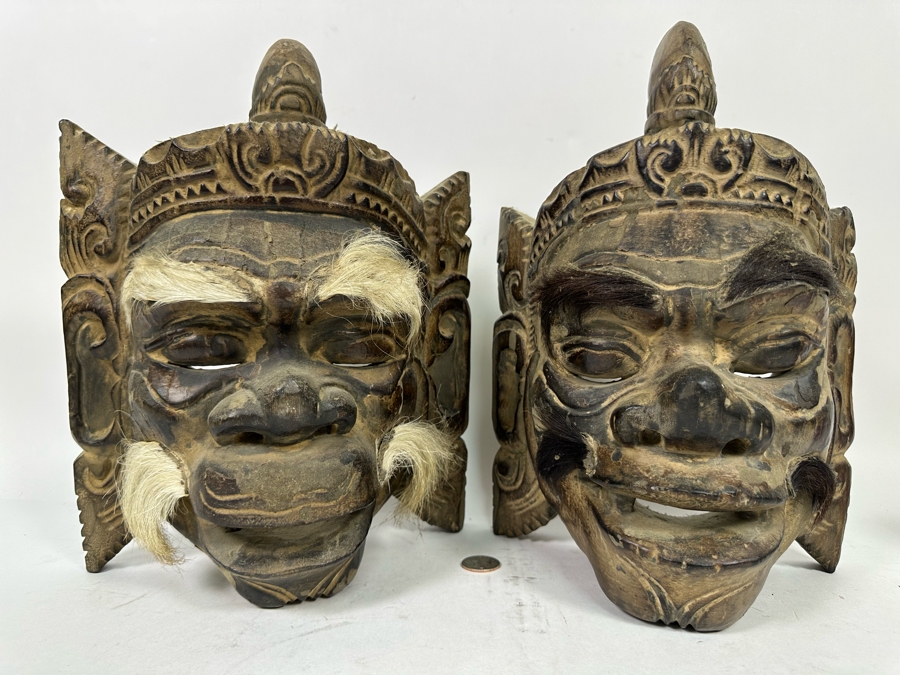 Pair Of Old Carved Wooden Balinese Masks From Indonesia 9W X 6H X 13H [Photo 2]