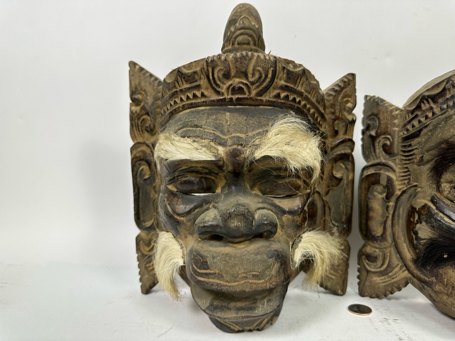 Pair Of Old Carved Wooden Balinese Masks From Indonesia 9W X 6H X 13H [Photo 5]