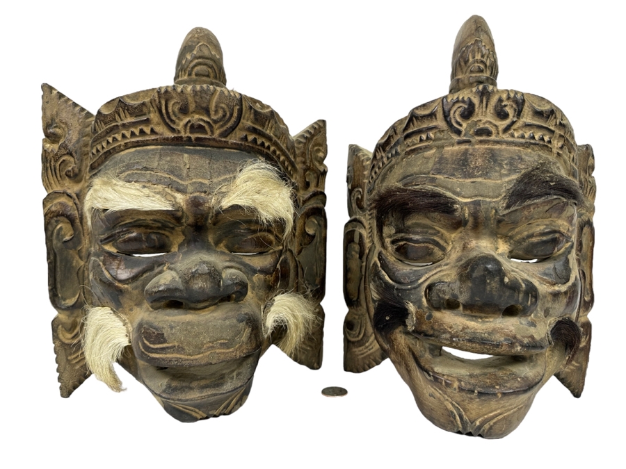 Pair Of Old Carved Wooden Balinese Masks From Indonesia 9W X 6H X 13H