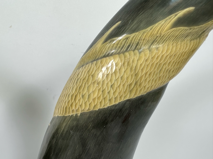 Pair Of Vintage Hand Carved Buffalo Horns With Scenes Of Tigers And Dragons From Thailand 16.5H [Photo 13]