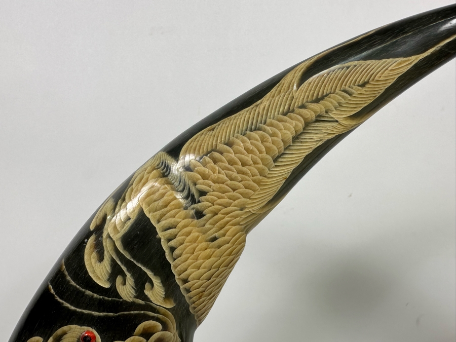 Pair Of Vintage Hand Carved Buffalo Horns With Scenes Of Tigers And Dragons From Thailand 16.5H [Photo 8]