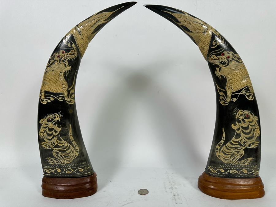 Pair Of Vintage Hand Carved Buffalo Horns With Scenes Of Tigers And Dragons From Thailand 16.5H [Photo 3]