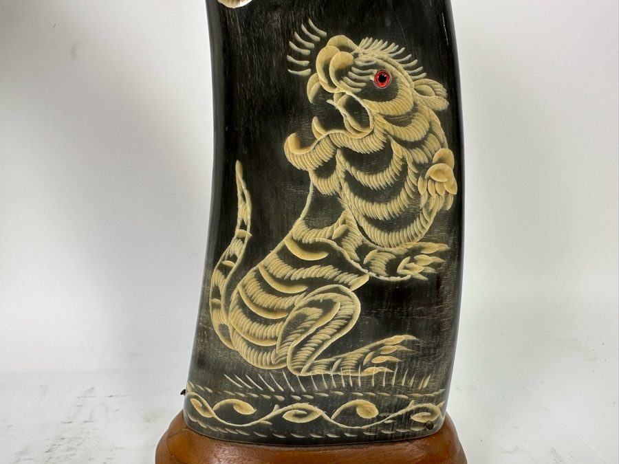 Pair Of Vintage Hand Carved Buffalo Horns With Scenes Of Tigers And Dragons From Thailand 16.5H [Photo 9]