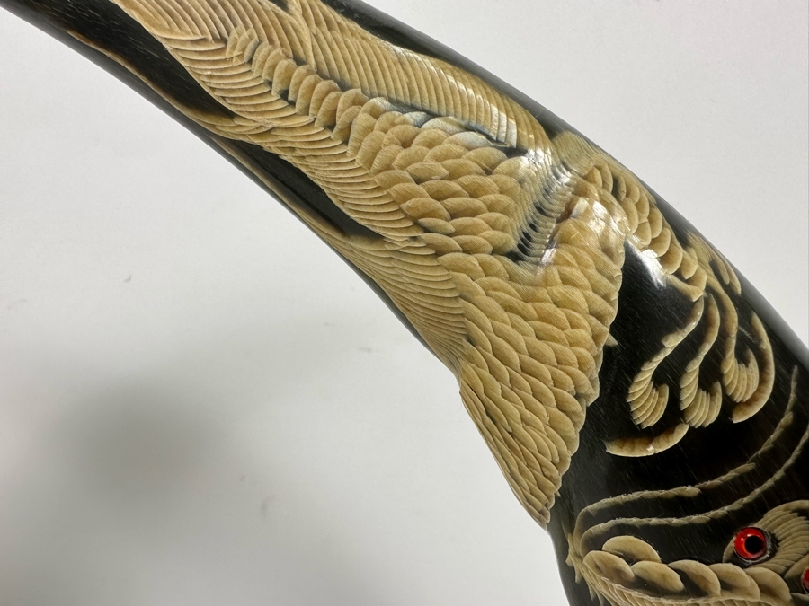 Pair Of Vintage Hand Carved Buffalo Horns With Scenes Of Tigers And Dragons From Thailand 16.5H [Photo 11]