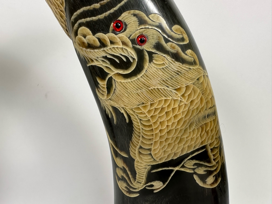 Pair Of Vintage Hand Carved Buffalo Horns With Scenes Of Tigers And Dragons From Thailand 16.5H [Photo 10]