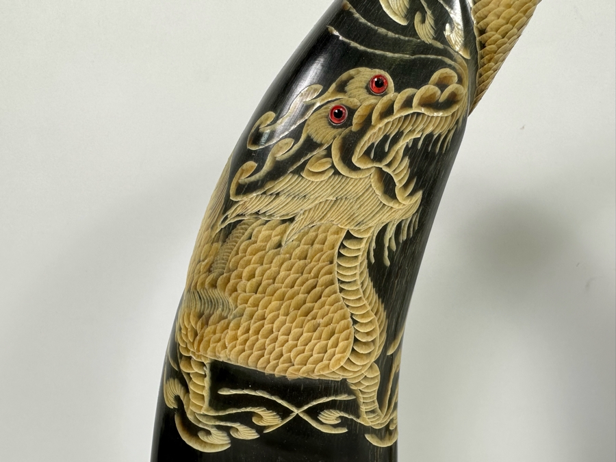 Pair Of Vintage Hand Carved Buffalo Horns With Scenes Of Tigers And Dragons From Thailand 16.5H [Photo 6]