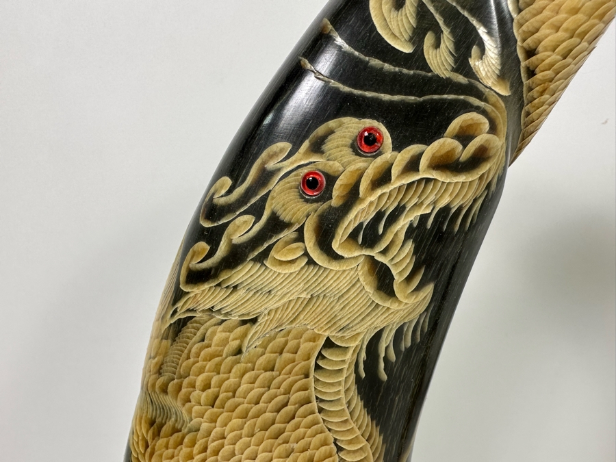 Pair Of Vintage Hand Carved Buffalo Horns With Scenes Of Tigers And Dragons From Thailand 16.5H [Photo 7]