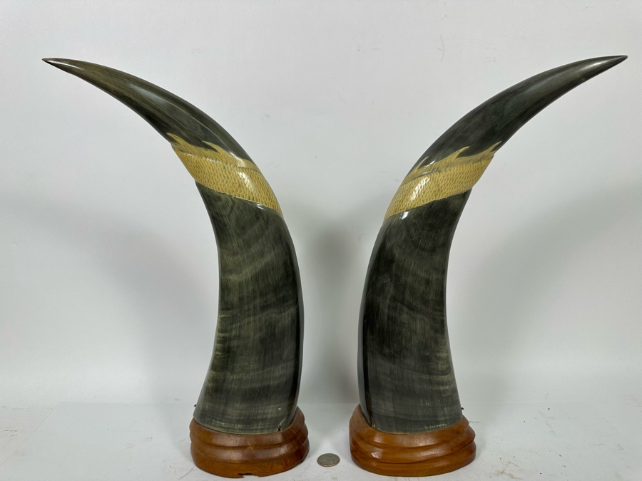 Pair Of Vintage Hand Carved Buffalo Horns With Scenes Of Tigers And Dragons From Thailand 16.5H [Photo 12]