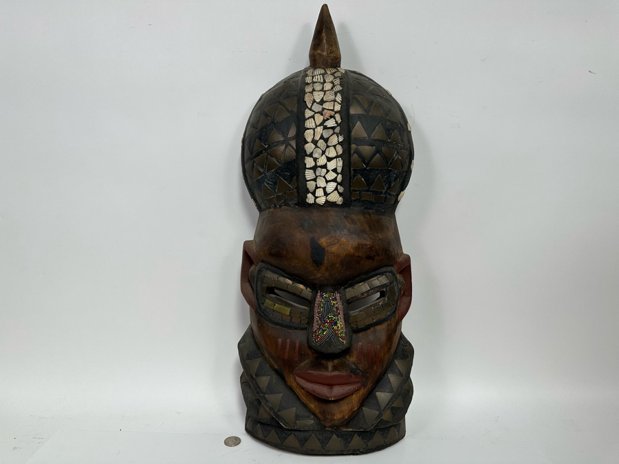Vintage Large Handmade Wooden African Beaded Mask With Brass Ornamentation From Ghana 10.5W X 4D X 26H [Photo 3]