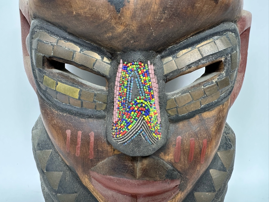 Vintage Large Handmade Wooden African Beaded Mask With Brass Ornamentation From Ghana 10.5W X 4D X 26H [Photo 4]
